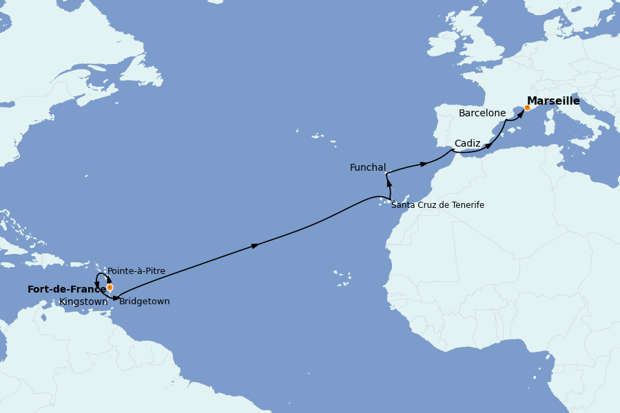 Itinéraire de la croisière Transatlantiques et Grands Voyages 2025 16 jours à bord du Costa Fortuna