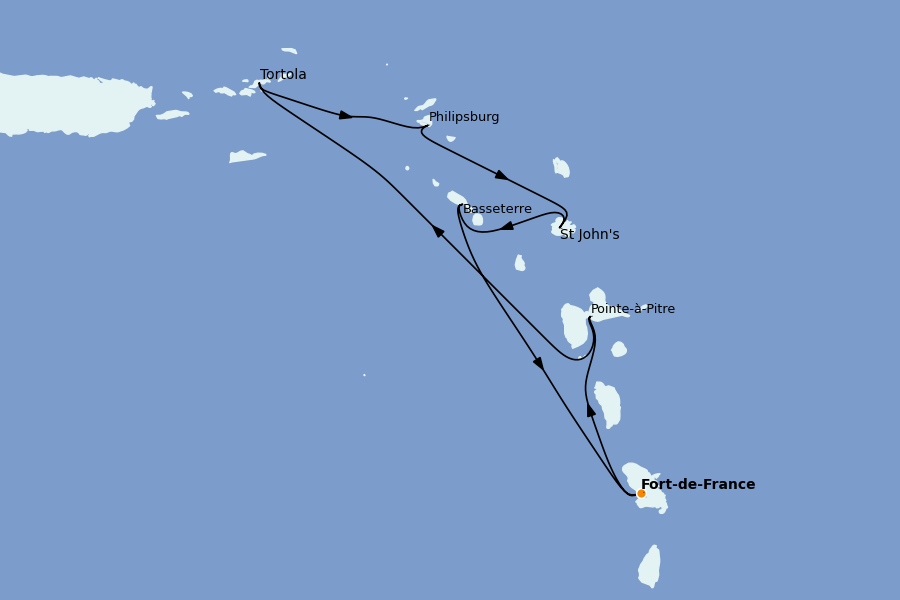 Itinéraire de la croisière Caraïbes de l'Est 7 jours à bord du Costa Fortuna