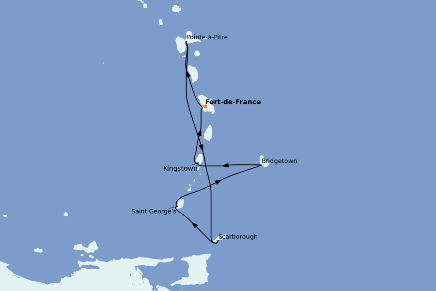 Itinéraire de la croisière Caraïbes de l'Est 7 jours à bord du Costa Fortuna
